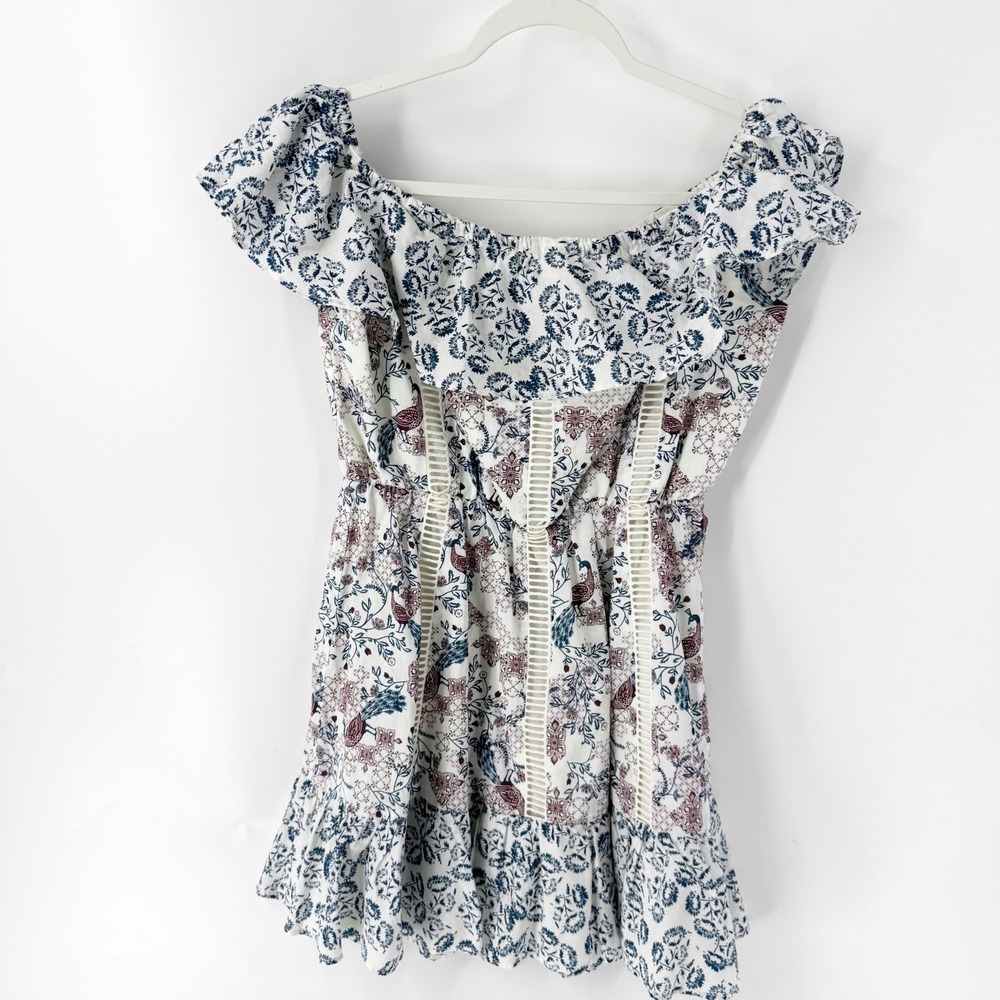 Tularosa Womens Off Shoulder Floral Peacock Print Ladder Trim Cotton Top Small
